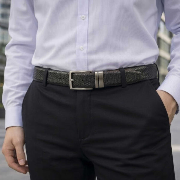 Mens 100% Genuine Leather Belt - VELIXO Diamond Grid Emboss (Black & Brown Reversible)