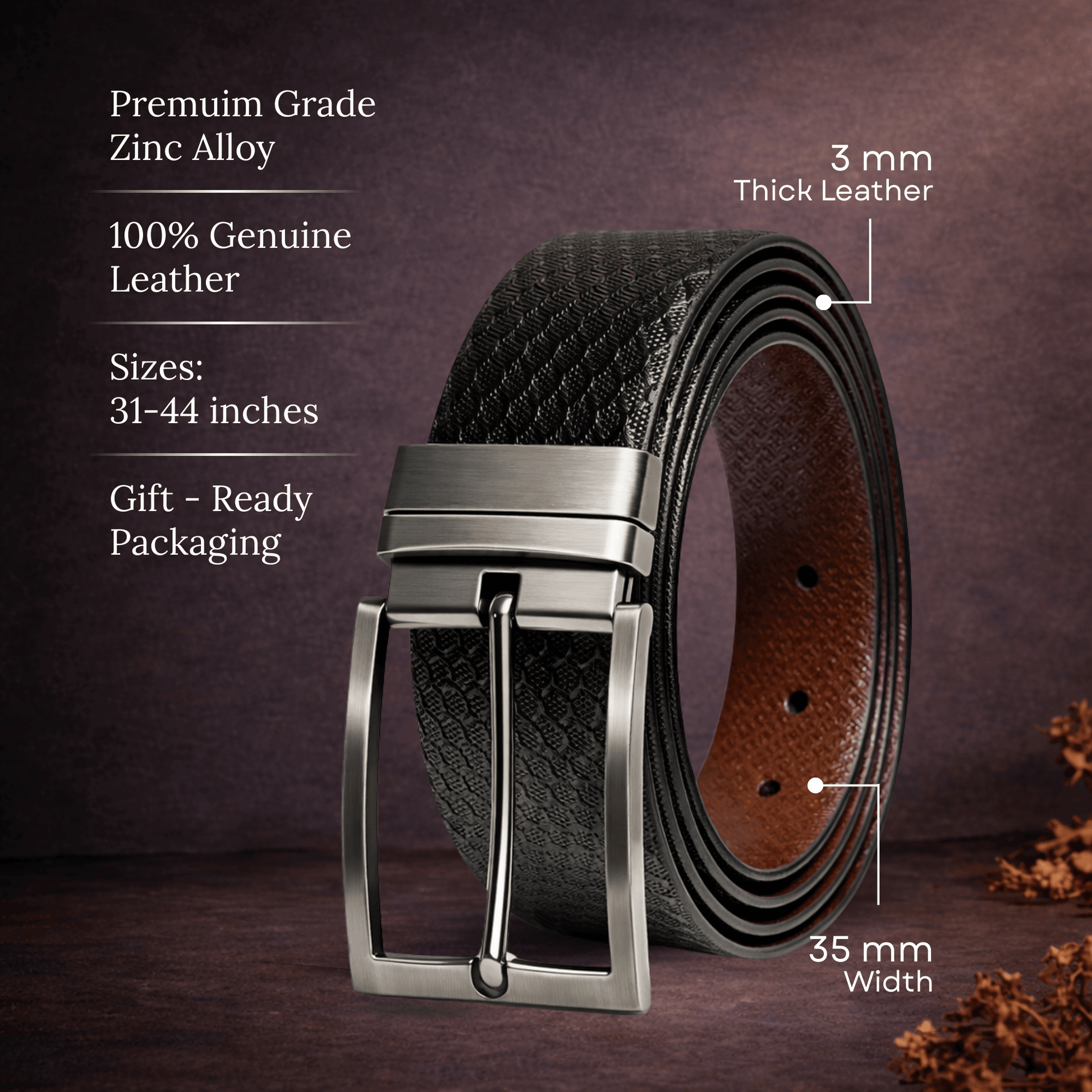 Mens 100% Genuine Leather Belt - VELIXO Diamond Grid Emboss (Black & Brown Reversible) — Leather Belts for Men | THE MEN THING