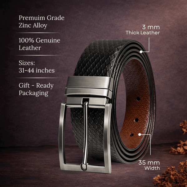 Mens 100% Genuine Leather Belt - VELIXO Diamond Grid Emboss (Black & Brown Reversible)