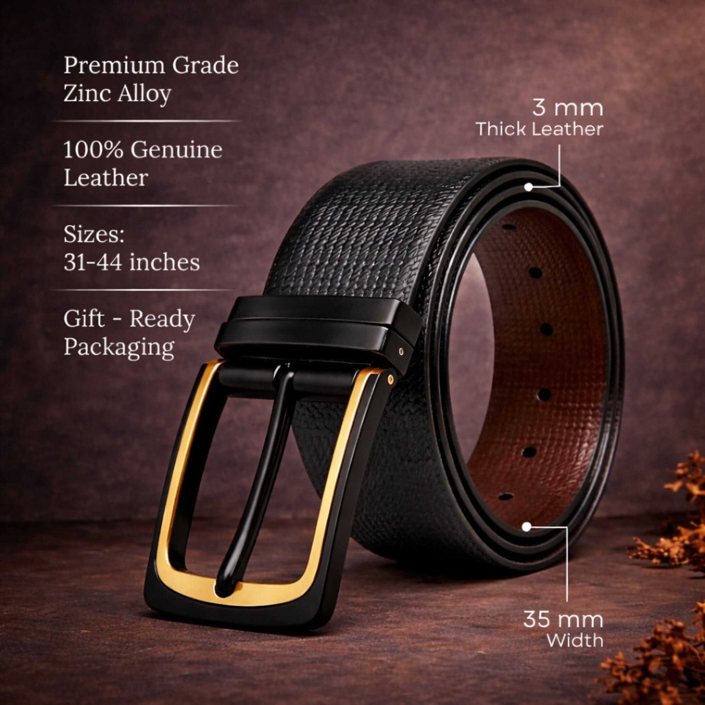 Mens 100% Genuine Leather Belt - VELNOX Textured Weave Gold (Black & Brown Reversible) — Leather Belts for Men | THE MEN THING