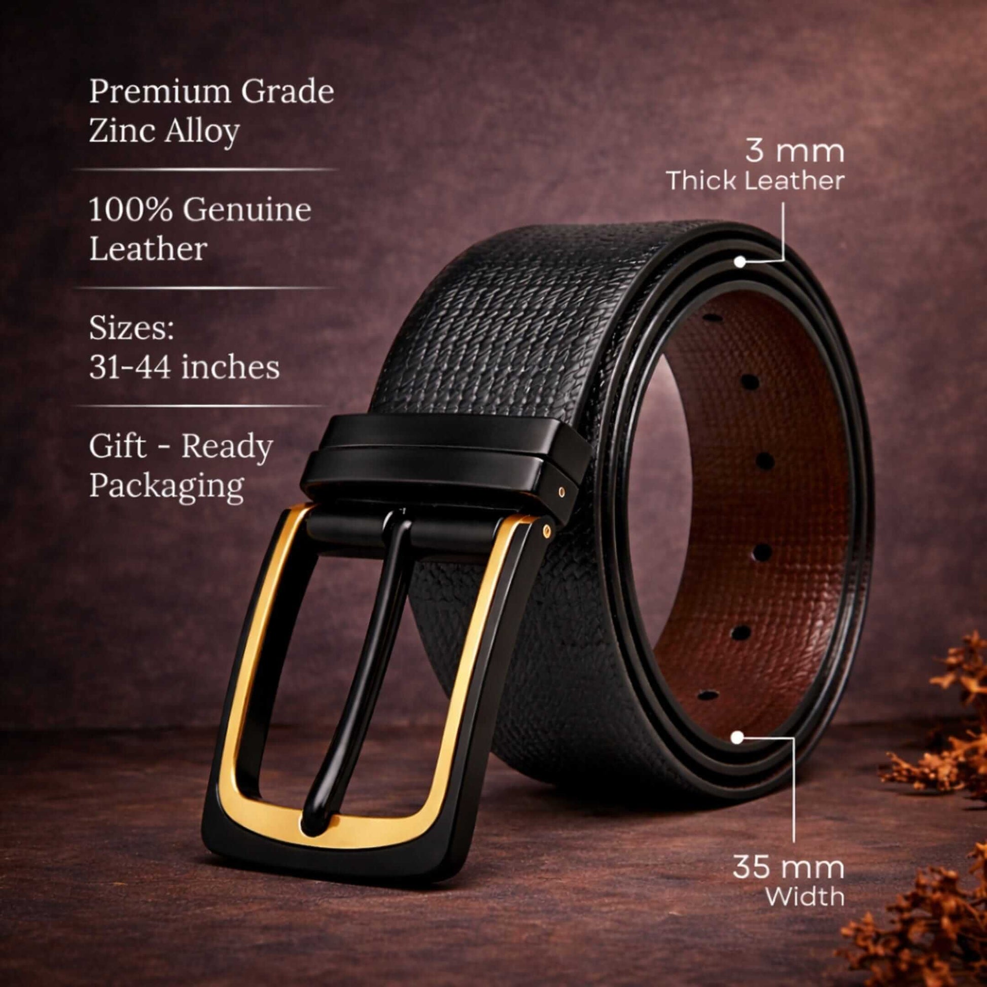Mens 100% Genuine Leather Belt - VELNOX Textured Weave Gold (Black & Brown Reversible) — Leather Belts for Men | THE MEN THING