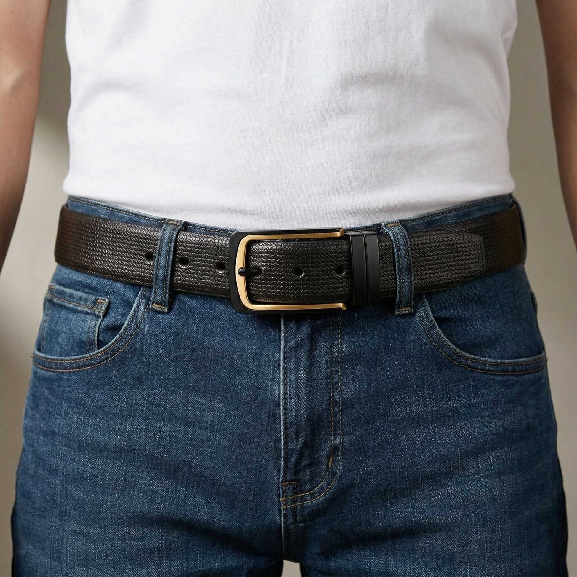 Mens 100% Genuine Leather Belt - VELNOX Textured Weave Gold (Black & Brown Reversible) — Leather Belts for Men | THE MEN THING