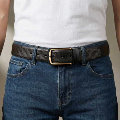 Mens 100% Genuine Leather Belt - VELNOX Textured Weave Gold (Black & Brown Reversible) — Leather Belts for Men | THE MEN THING