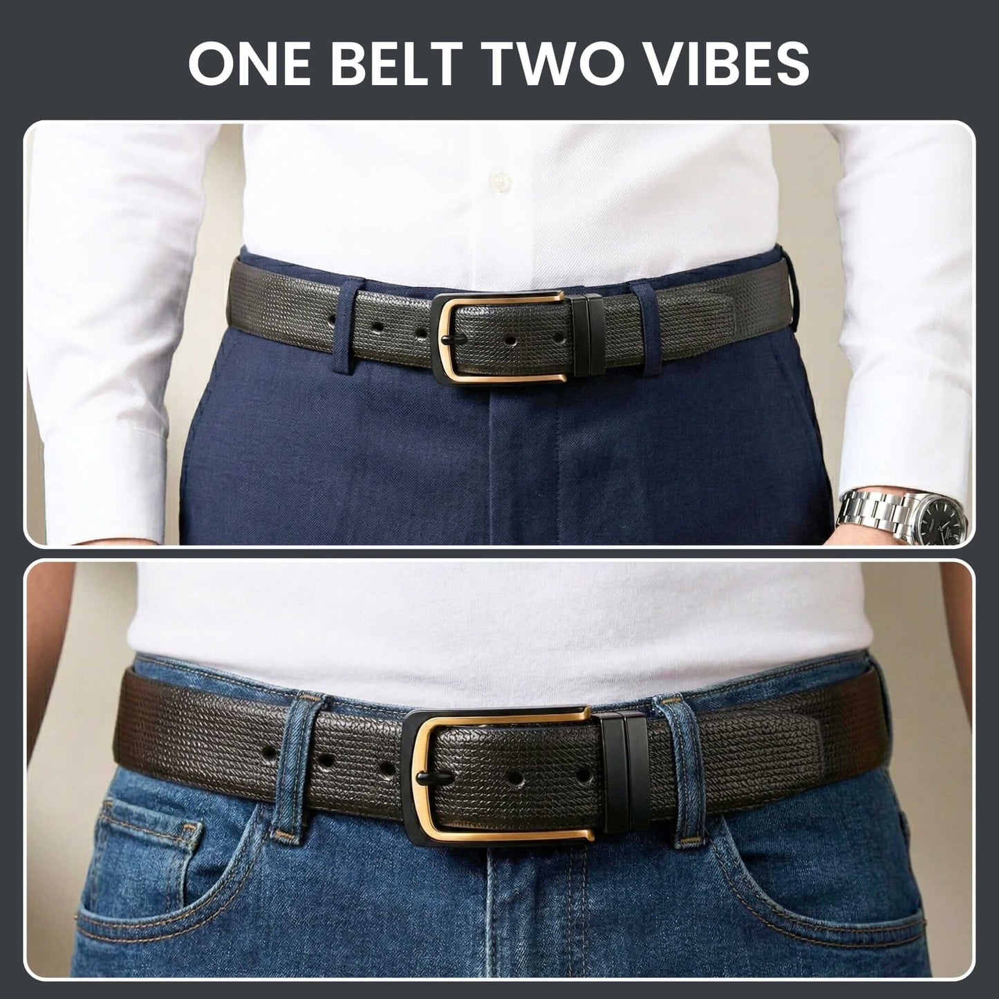 Mens 100% Genuine Leather Belt - VELNOX Textured Weave Gold (Black & Brown Reversible) — Leather Belts for Men | THE MEN THING