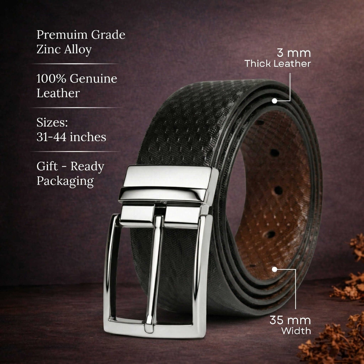 Mens 100% Genuine Leather Belt - VELTON Snake Emboss (Black & Brown Reversible) — Leather Belts for Men | THE MEN THING