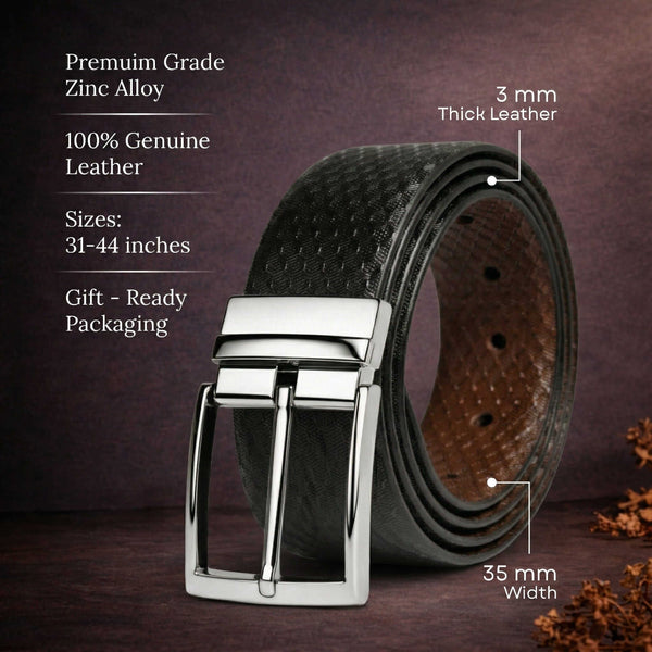 Mens 100% Genuine Leather Belt - VELTON Snake Emboss (Black & Brown Reversible)