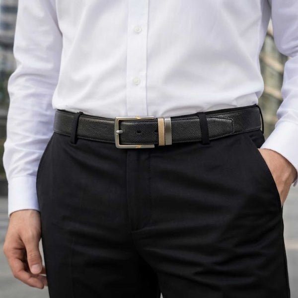 Mens 100% Genuine Leather Belt - VELTORA Smooth Gold Accent (Black & Brown Reversible)