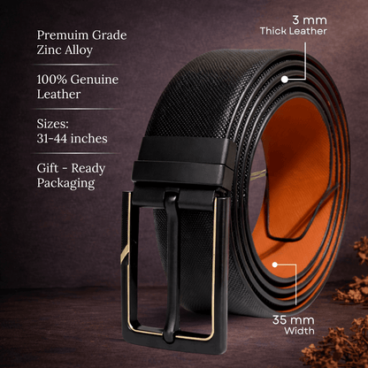 Mens 100% Genuine Leather Belt - VELTORA Smooth Gold Accent (Black & Brown Reversible) — Leather Belts for Men | THE MEN THING
