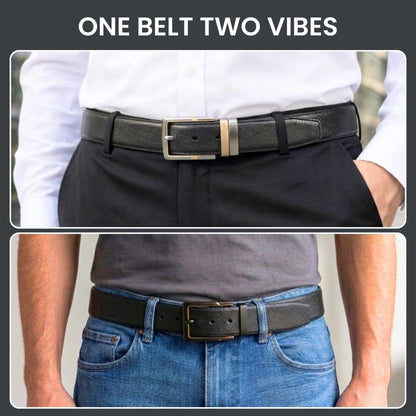 Mens 100% Genuine Leather Belt - VELTORA Smooth Gold Accent (Black & Brown Reversible) — Leather Belts for Men | THE MEN THING