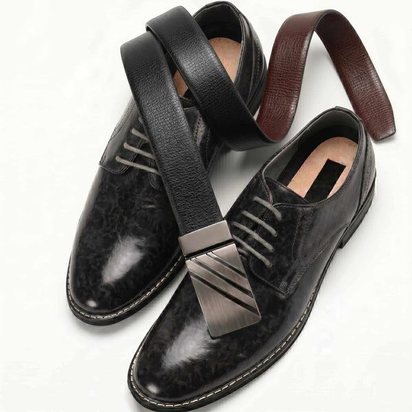Mens 100% Genuine Leather Belt - VELTRIX Grid Emboss Plate (Black & Brown Reversible)
