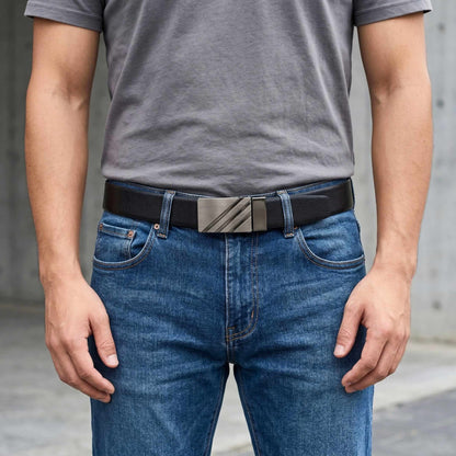 Mens 100% Genuine Leather Belt - VELTRIX Grid Emboss Plate (Black & Brown Reversible) — Leather Belts for Men | THE MEN THING