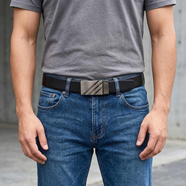 Mens 100% Genuine Leather Belt - VELTRIX Grid Emboss Plate (Black & Brown Reversible)