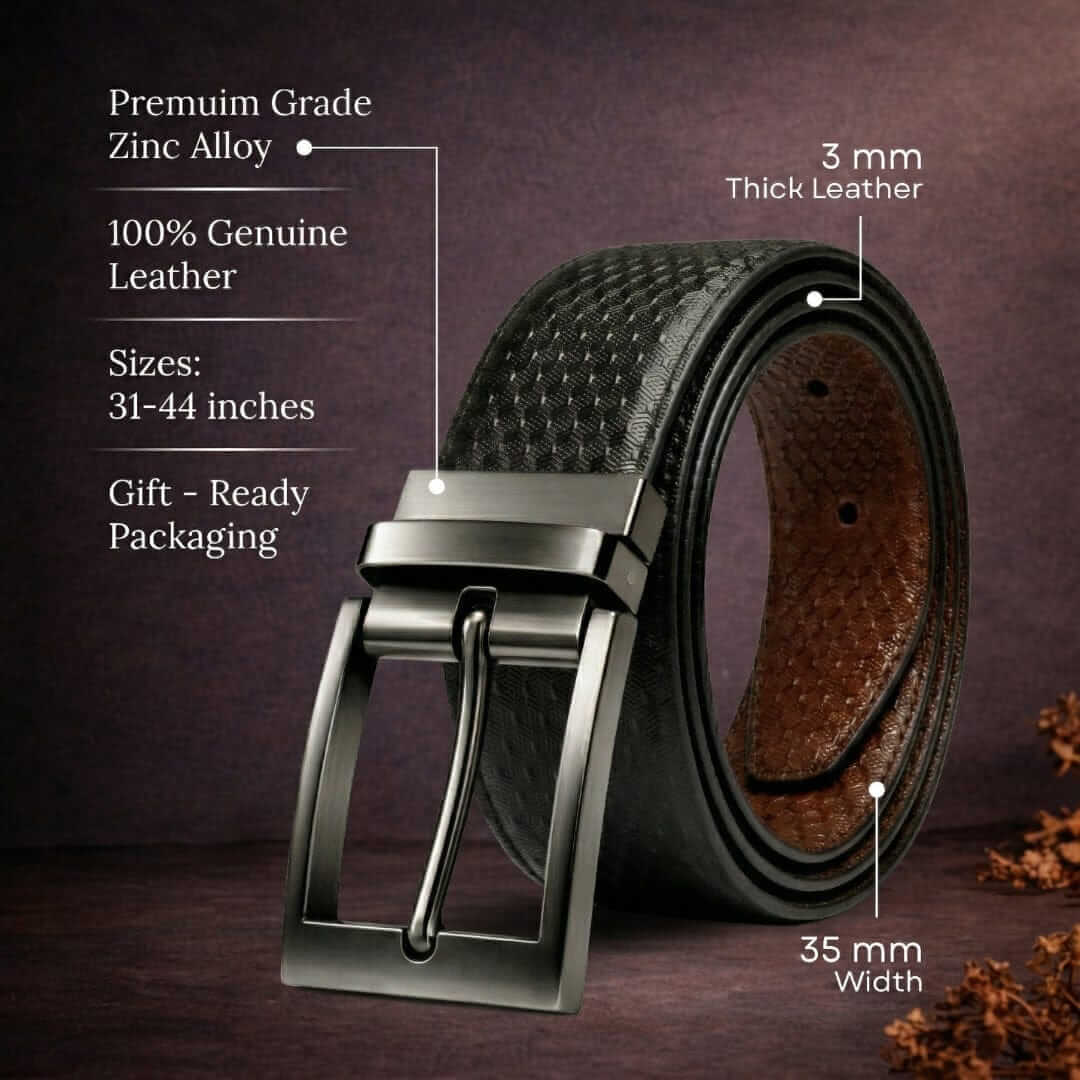 Mens 100% Genuine Leather Belt - VELTRON Basket Weave Emboss (Black & Brown Reversible) — Leather Belts for Men | THE MEN THING