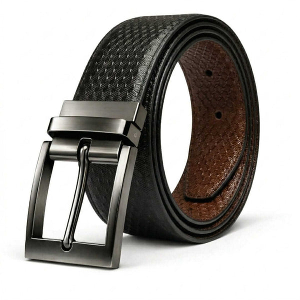 Mens 100% Genuine Leather Belt - VELTRON Basket Weave Emboss (Black & Brown Reversible)