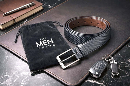 Mens 100% Genuine Leather Belt - VERSA Grid Emboss Plate (Black & Brown Reversible) — Leather Belts for Men | THE MEN THING
