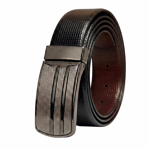Mens 100% Genuine Leather Belt - VERSA Grid Emboss Plate (Black & Brown Reversible)