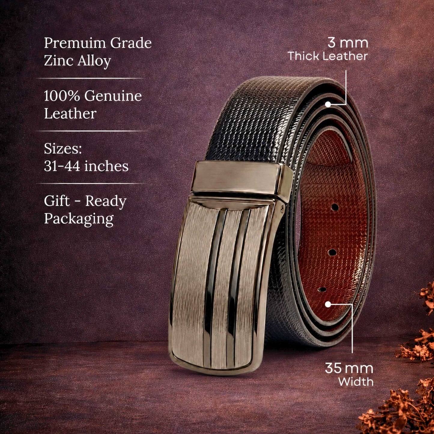 Mens 100% Genuine Leather Belt - VERSA Grid Emboss Plate (Black & Brown Reversible) — Leather Belts for Men | THE MEN THING