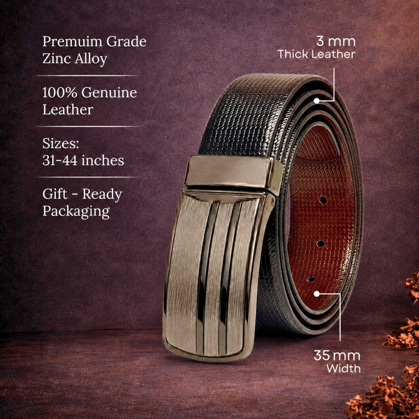 Mens 100% Genuine Leather Belt - VERSA Grid Emboss Plate (Black & Brown Reversible)