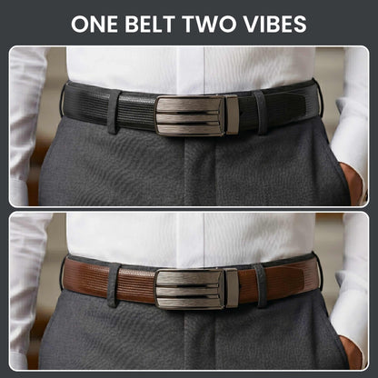 Mens 100% Genuine Leather Belt - VERSA Grid Emboss Plate (Black & Brown Reversible) — Leather Belts for Men | THE MEN THING
