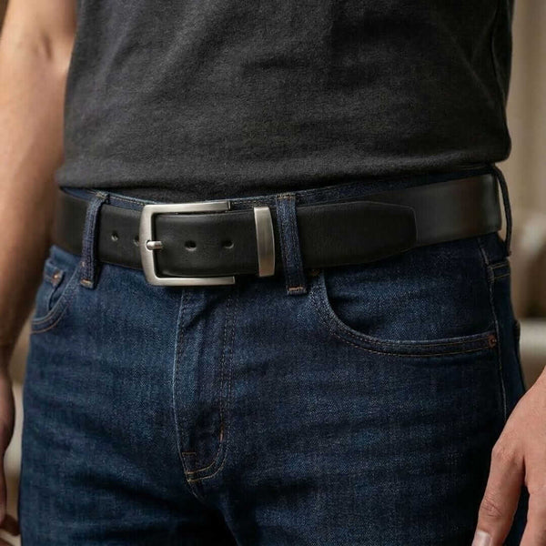 Mens 100% Genuine Leather Belt - VEXARO Smooth Classic (Black & Brown Reversible)