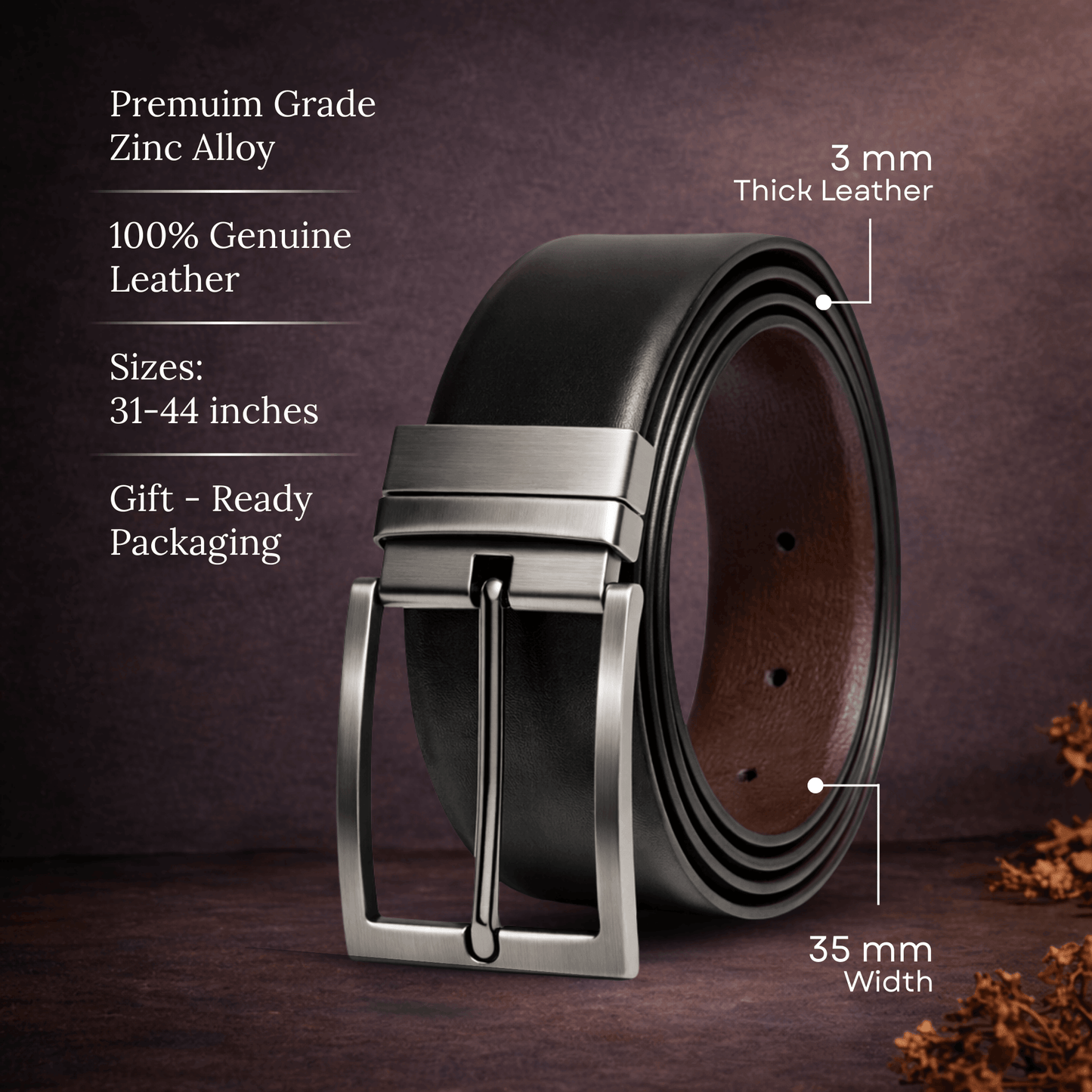 Mens 100% Genuine Leather Belt - VEXARO Smooth Classic (Black & Brown Reversible) — Leather Belts for Men | THE MEN THING