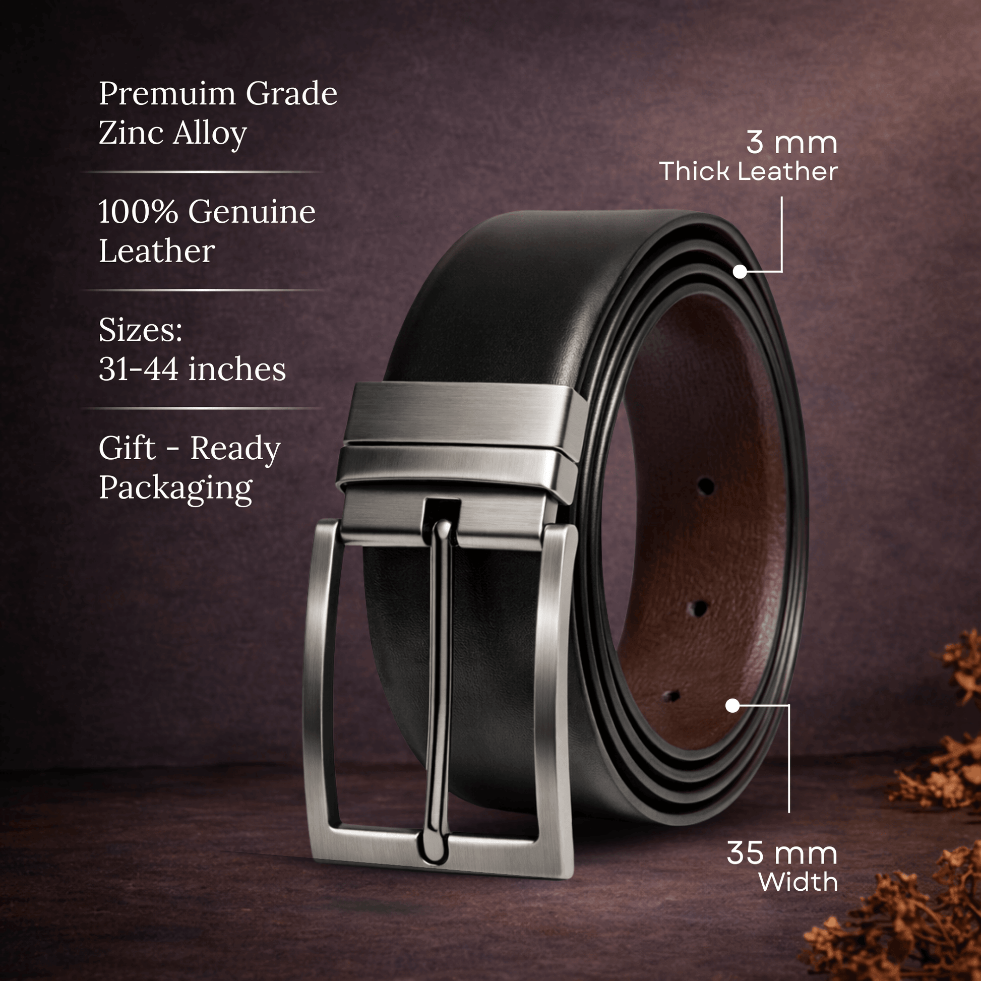 Mens 100% Genuine Leather Belt - VEXARO Smooth Classic (Black & Brown Reversible) — Leather Belts for Men | THE MEN THING