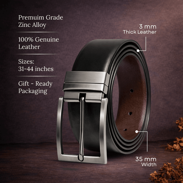 Mens 100% Genuine Leather Belt - VEXARO Smooth Classic (Black & Brown Reversible)