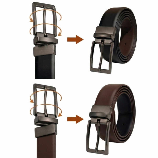 Mens 100% Genuine Leather Belt - VEXARO Smooth Classic (Black & Brown Reversible)
