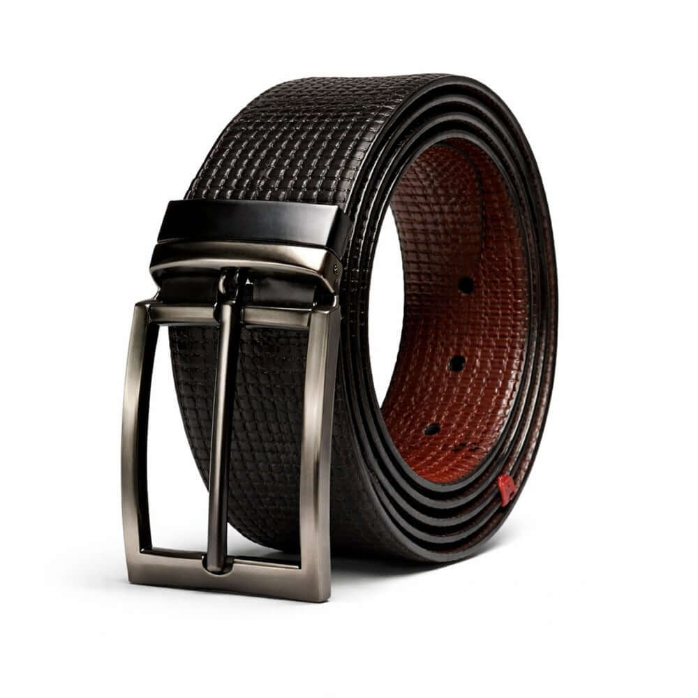 Mens 100% Genuine Leather Belt - VINTEX Fine Grid Emboss (Black & Brown Reversible) — Leather Belts for Men | THE MEN THING