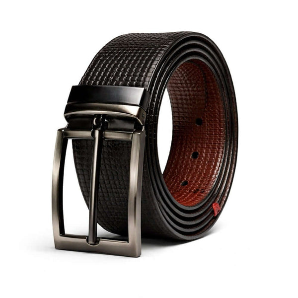 Mens 100% Genuine Leather Belt - VINTEX Fine Grid Emboss (Black & Brown Reversible)
