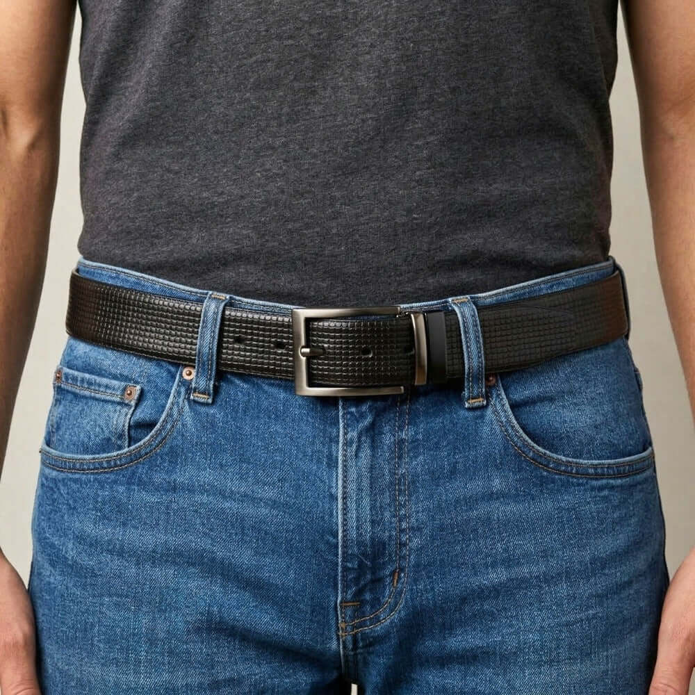 Mens 100% Genuine Leather Belt - VINTEX Fine Grid Emboss (Black & Brown Reversible) — Leather Belts for Men | THE MEN THING