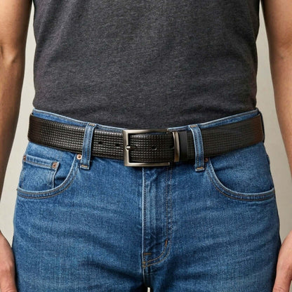 Mens 100% Genuine Leather Belt - VINTEX Fine Grid Emboss (Black & Brown Reversible) — Leather Belts for Men | THE MEN THING