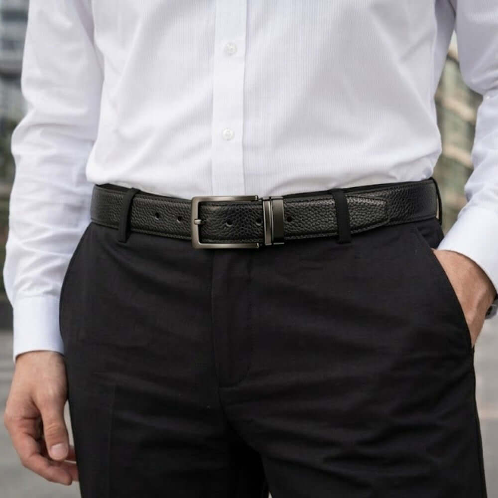 Mens 100% Genuine Leather Belt - VINTEX Fine Grid Emboss (Black & Brown Reversible) — Leather Belts for Men | THE MEN THING