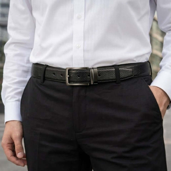 Mens 100% Genuine Leather Belt - VINTEX Fine Grid Emboss (Black & Brown Reversible)