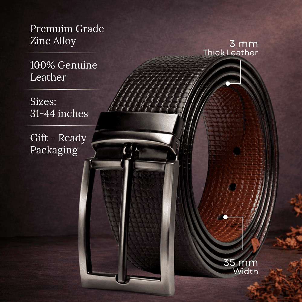 Mens 100% Genuine Leather Belt - VINTEX Fine Grid Emboss (Black & Brown Reversible) — Leather Belts for Men | THE MEN THING