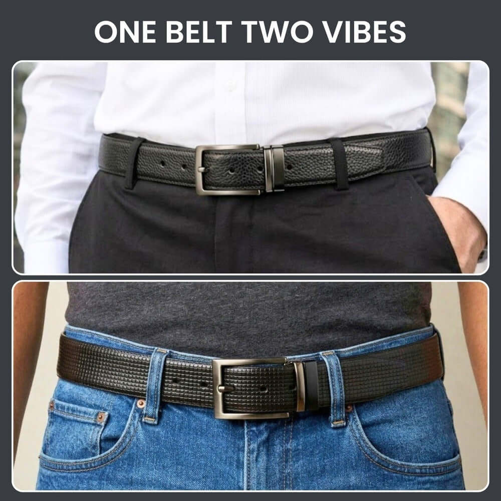 Mens 100% Genuine Leather Belt - VINTEX Fine Grid Emboss (Black & Brown Reversible) — Leather Belts for Men | THE MEN THING