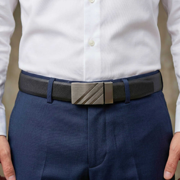 Mens 100% Genuine Leather Belt - VSTRYX Chevron Rib Plate (Black & Brown Reversible)
