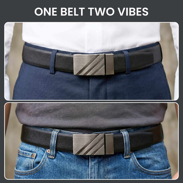 Mens 100% Genuine Leather Belt - VSTRYX Chevron Rib Plate (Black & Brown Reversible)