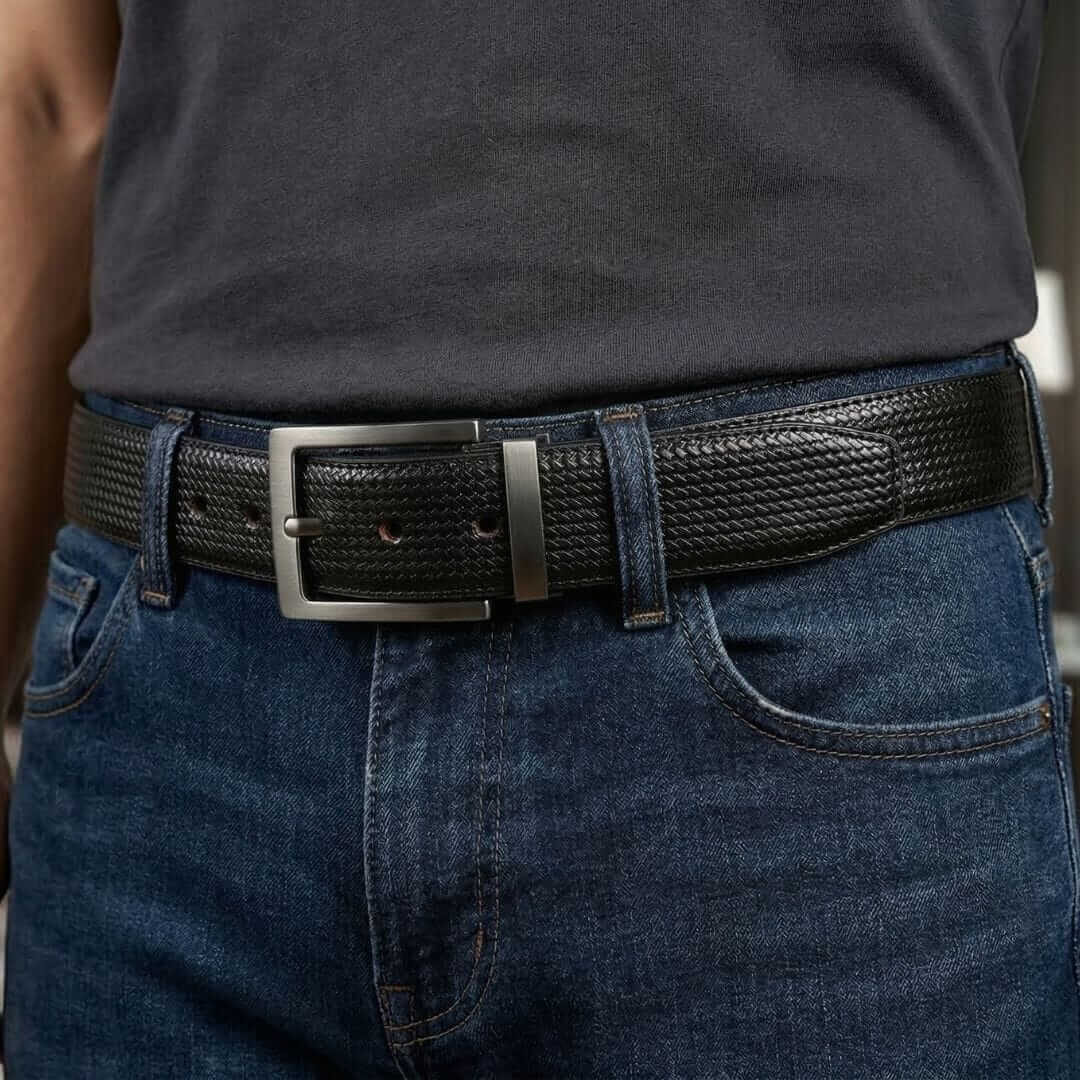 Mens 100% Genuine Leather Belt - WEVARO Woven Emboss (Black & Brown Reversible) — Leather Belts for Men | THE MEN THING