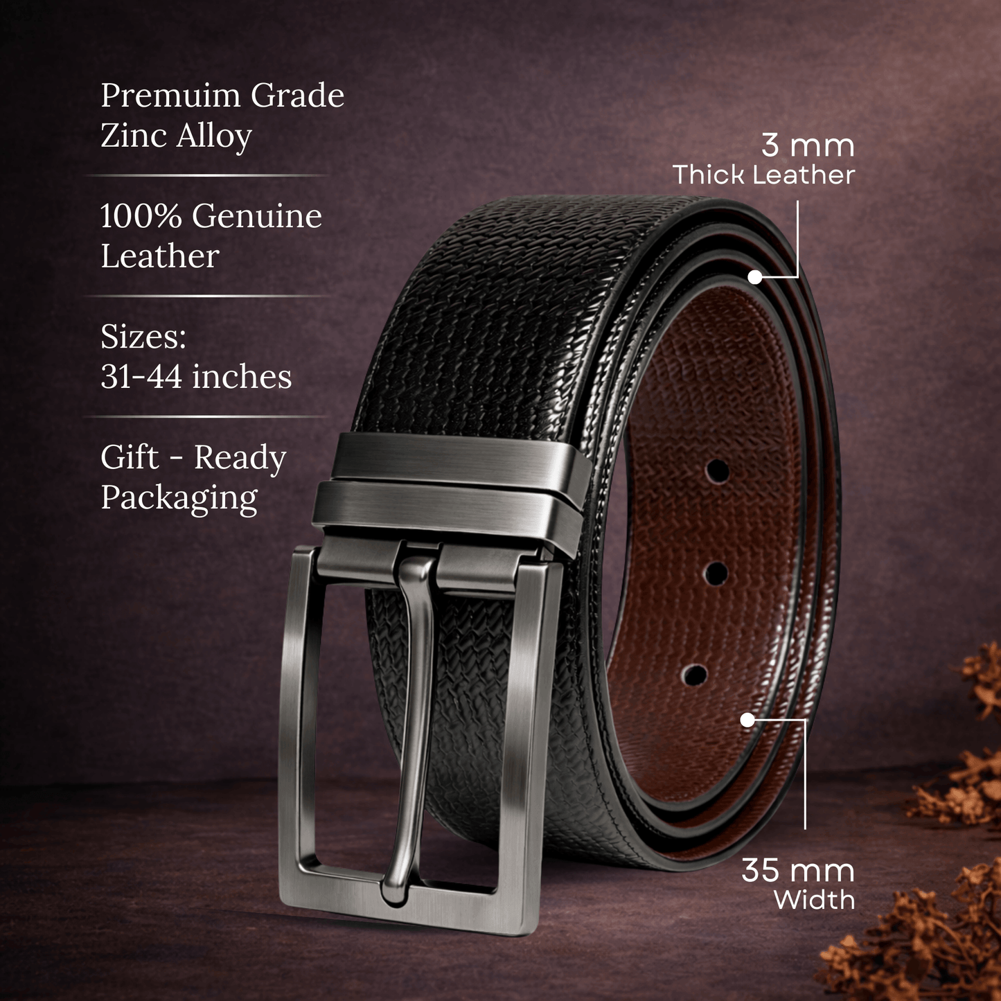 Mens 100% Genuine Leather Belt - WEVARO Woven Emboss (Black & Brown Reversible) — Leather Belts for Men | THE MEN THING