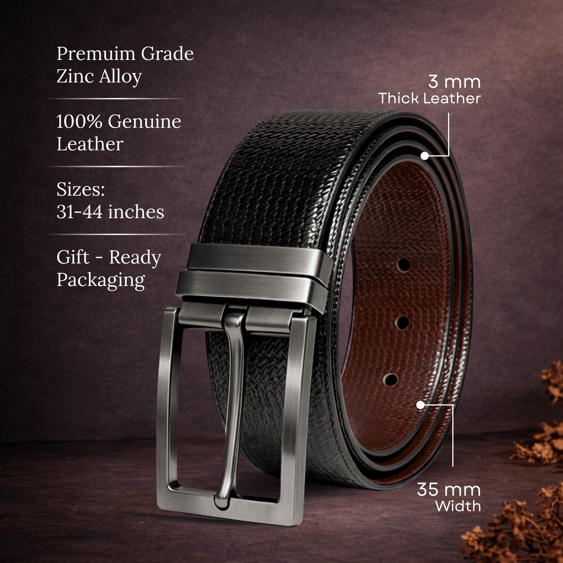 Mens 100% Genuine Leather Belt - WEVARO Woven Emboss (Black & Brown Reversible) — Leather Belts for Men | THE MEN THING