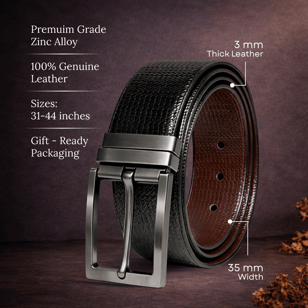 Mens 100% Genuine Leather Belt - WEVARO Woven Emboss (Black & Brown Reversible)