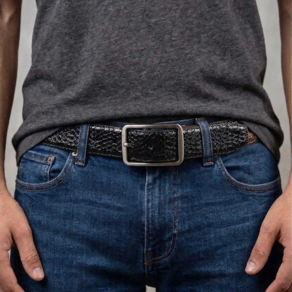 Mens 100% Genuine Leather Belt - WEXARO Woven Emboss (Black & Brown Reversible)