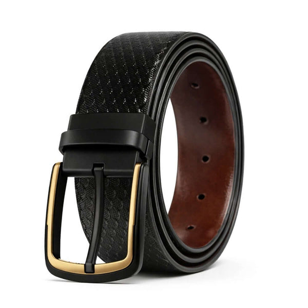 Mens 100% Genuine Leather Belt - WOVENLUX Woven Emboss Gold (Black & Brown Reversible)