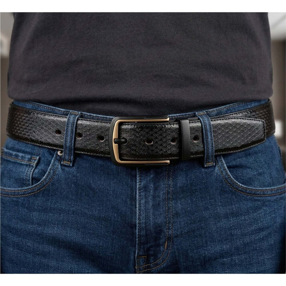 Mens 100% Genuine Leather Belt - WOVENLUX Woven Emboss Gold (Black & Brown Reversible) — Leather Belts for Men | THE MEN THING