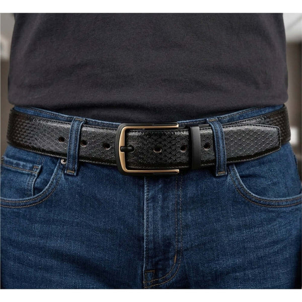 Mens 100% Genuine Leather Belt - WOVENLUX Woven Emboss Gold (Black & Brown Reversible)