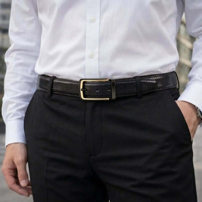 Mens 100% Genuine Leather Belt - WOVENLUX Woven Emboss Gold (Black & Brown Reversible) — Leather Belts for Men | THE MEN THING