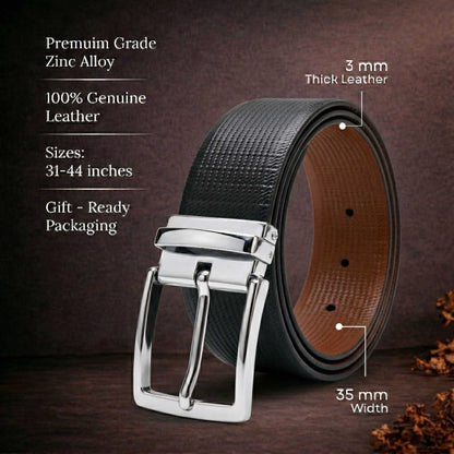 Mens 100% Genuine Leather Belt - ZELVOR Dot Grid Emboss (Black & Brown Reversible) — Leather Belts for Men | THE MEN THING