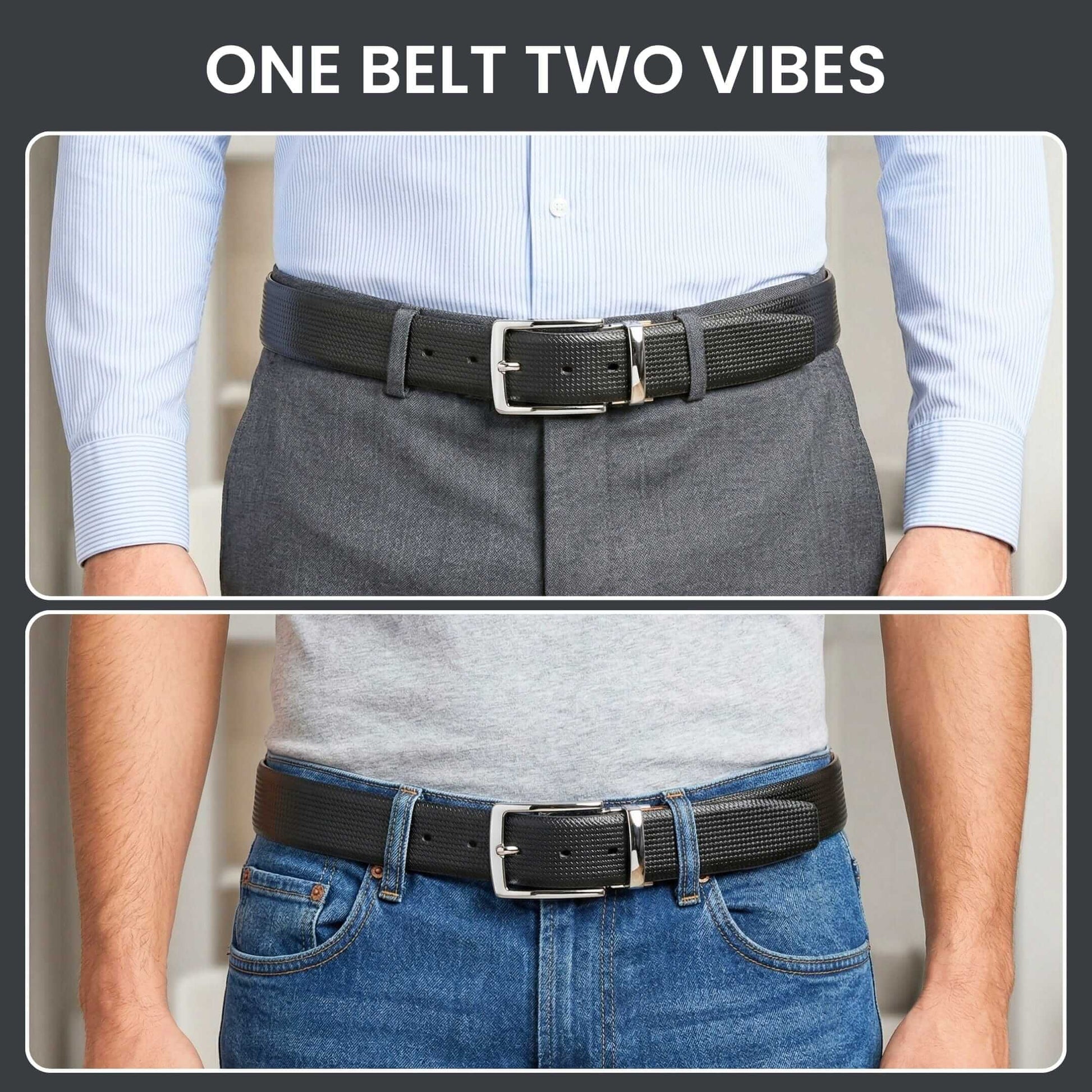 Mens 100% Genuine Leather Belt - ZELVOR Dot Grid Emboss (Black & Brown Reversible) — Leather Belts for Men | THE MEN THING