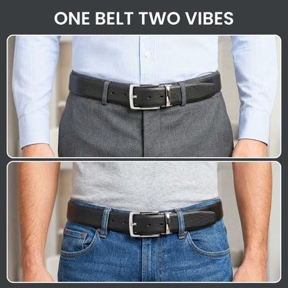 Mens 100% Genuine Leather Belt - ZELVOR Dot Grid Emboss (Black & Brown Reversible) — Leather Belts for Men | THE MEN THING